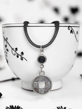5 For $25💫Silver Turkish Coin Pendant Necklace With a Black Acrylic Gem Accent